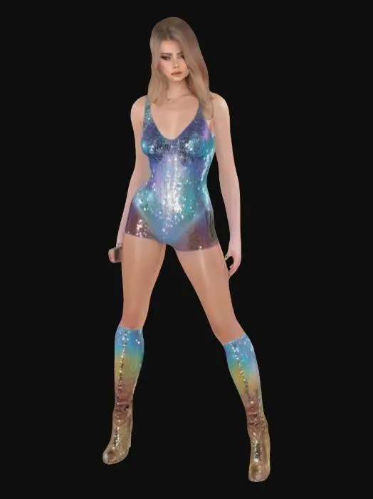 3D model for Taylor Swift, long TSwift hair with bangs, plunging neckline, wearing Swiftie era's tour sequined sparkly shiny leotard and high-heeled boots, highly detailed, coherent face, fine details, best quality, high quality, realistic