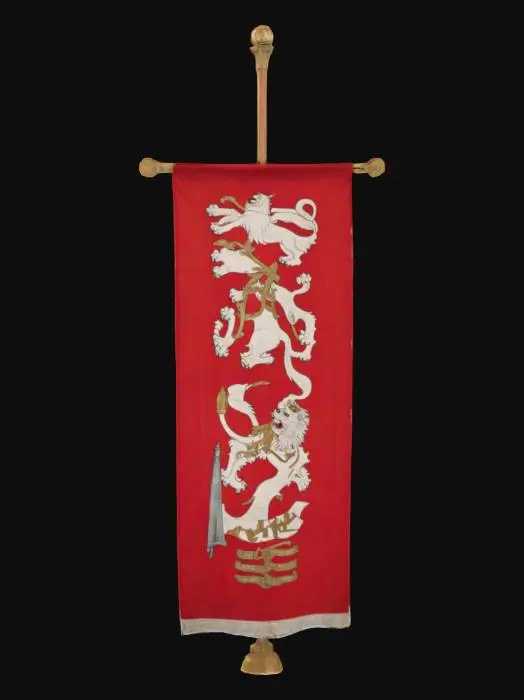 3D model for A tall 11th Centaury Red English flag with the 3 English lion livery in the middle coming down vertically 
