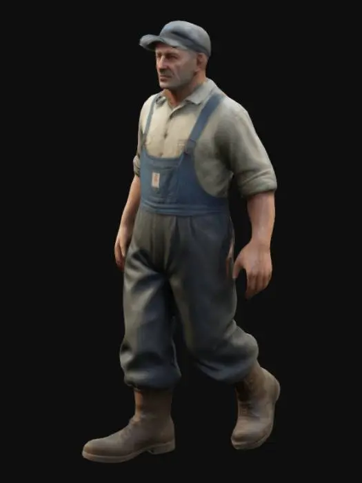 3D model for dockyard worker, walking, german, 1950, Realistic, Ultra realistic, Highly Detailed, Full Body.