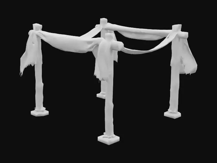 3D model for Create a modular 3D model of a ceremonial walkway consisting of two parallel rows of tall vertical wooden poles. Each pole resembles a natural tree trunk with bark texture and a rough finish. Between each pair of poles, suspended horizontally across the top, is a wide red fabric banner. The banners hang in gentle arcs with slight slack, as if draped, and appear made from heavy woven cloth with visible folds. Use physically based rendering (PBR) materials for realistic wood and fabric. The model should be cleanly grouped into two mesh components: one for all the wooden poles, and one for all the fabric banners. Ensure the model is exportable in .GLB format and optimized for real-time use in AR or game engines.