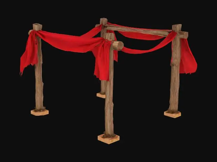 3D model for Create a modular 3D model of a ceremonial walkway consisting of two parallel rows of tall vertical wooden poles. Each pole resembles a natural tree trunk with bark texture and a rough finish. Between each pair of poles, suspended horizontally across the top, is a wide red fabric banner. The banners hang in gentle arcs with slight slack, as if draped, and appear made from heavy woven cloth with visible folds. Use physically based rendering (PBR) materials for realistic wood and fabric. The model should be cleanly grouped into two mesh components: one for all the wooden poles, and one for all the fabric banners. Ensure the model is exportable in .GLB format and optimized for real-time use in AR or game engines.