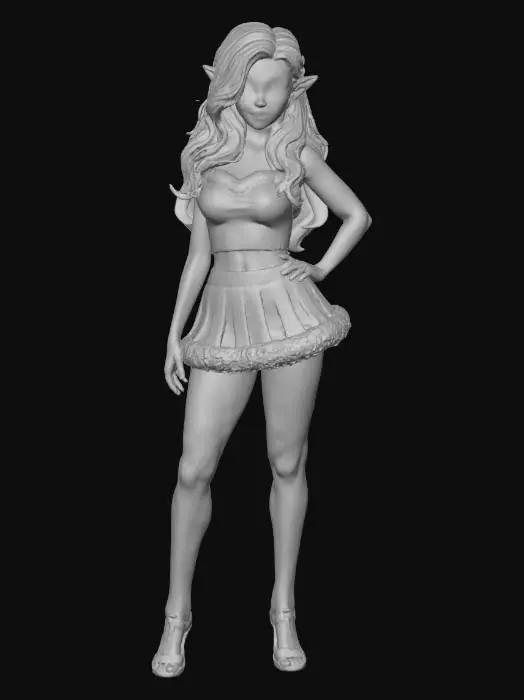 3D model for A stunning Christmas elf in a realistic-anime hybrid art style. She has long, wavy blonde hair, pointed elf ears, expressive large anime-style eyes, and soft but realistic skin texture. She is wearing a sexy festive outfit: a red fur-trimmed crop top that shows her midriff and a very short green Christmas skirt with fluffy white trim, fitted and playful. Her pose is confident and slightly flirty. The lighting is soft and warm, giving a realistic depth while maintaining anime-style beauty and proportions. Background shows a subtle, softly blurred Christmas scene with warm glowing lights. High-detail rendering, semi-realistic anime style, vibrant colors, smooth shading, high resolution.