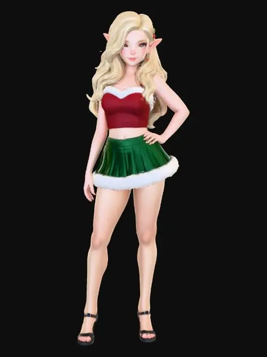 3D model for A stunning Christmas elf in a realistic-anime hybrid art style. She has long, wavy blonde hair, pointed elf ears, expressive large anime-style eyes, and soft but realistic skin texture. She is wearing a sexy festive outfit: a red fur-trimmed crop top that shows her midriff and a very short green Christmas skirt with fluffy white trim, fitted and playful. Her pose is confident and slightly flirty. The lighting is soft and warm, giving a realistic depth while maintaining anime-style beauty and proportions. Background shows a subtle, softly blurred Christmas scene with warm glowing lights. High-detail rendering, semi-realistic anime style, vibrant colors, smooth shading, high resolution.