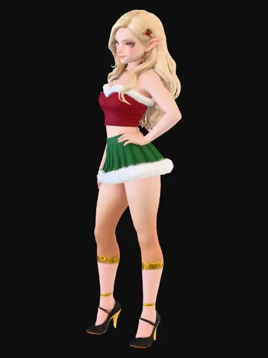 3D model for A stunning Christmas elf in a realistic-anime hybrid art style. She has long, wavy blonde hair, pointed elf ears, expressive large anime-style eyes, and soft but realistic skin texture. She is wearing a sexy festive outfit: a red fur-trimmed crop top that shows her midriff and a very short green Christmas skirt with fluffy white trim, fitted and playful. Her pose is confident and slightly flirty. The lighting is soft and warm, giving a realistic depth while maintaining anime-style beauty and proportions. Background shows a subtle, softly blurred Christmas scene with warm glowing lights. High-detail rendering, semi-realistic anime style, vibrant colors, smooth shading, high resolution.