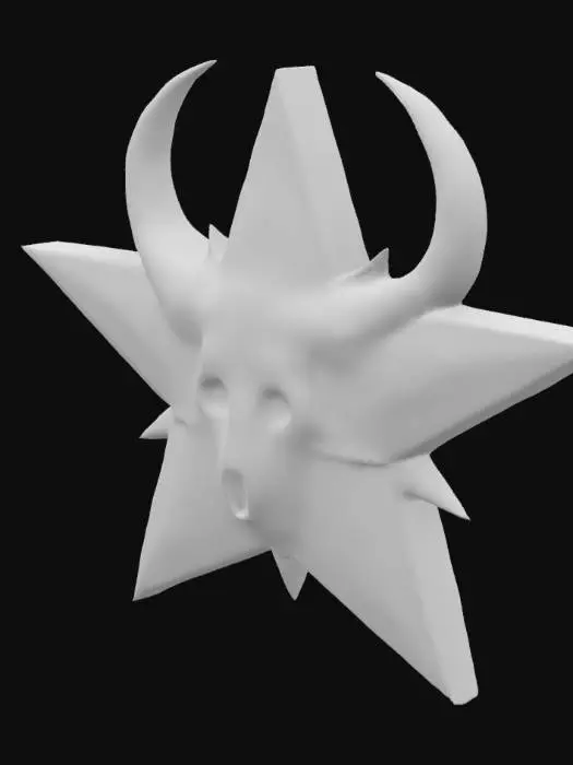 3D model for A large  metallic star with long four arms and hands grabbing each side, a big  longhorn animal head on  central star. Skulls arms enrobing every side, and spikes, gloomy colors, realistic bear fur, add horns on star sides
