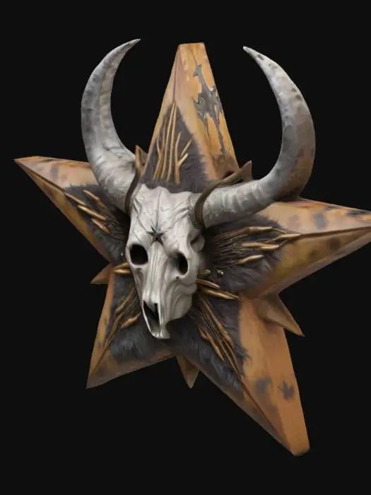 3D model for A large  metallic star with long four arms and hands grabbing each side, a big  longhorn animal head on  central star. Skulls arms enrobing every side, and spikes, gloomy colors, realistic bear fur, add horns on star sides