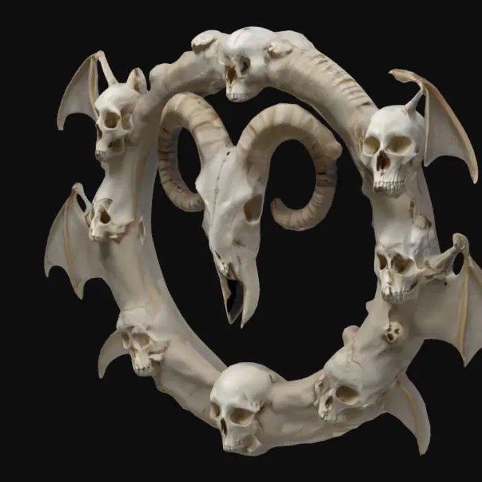3D model for A large circle made of bones with long four arms and hands grabbing each side, a big  goat skull on  central circle. Skulls arms enrobing every side, and bat wings, realistic, add horns on circle sides,