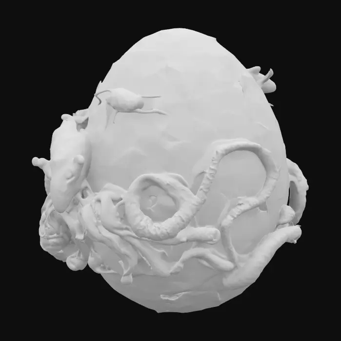 3D model for Generate a 3D model of an egg-shaped artifact made of aged ivory, formed by tangled, interwoven rats. Their bodies compress into the ovular shape, with knotted tails reinforcing the structure. Hidden beneath them, centipedes lurk in gaps, each engraved with an identical ancient rune. The ivory appears cracked and worn, evoking a dark fantasy, occult relic. The design balances grotesque beauty with eerie elegance, as if it holds a forgotten purpose or concealed entity.