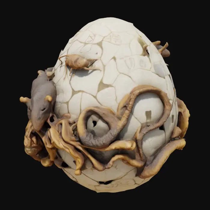 3D model for Generate a 3D model of an egg-shaped artifact made of aged ivory, formed by tangled, interwoven rats. Their bodies compress into the ovular shape, with knotted tails reinforcing the structure. Hidden beneath them, centipedes lurk in gaps, each engraved with an identical ancient rune. The ivory appears cracked and worn, evoking a dark fantasy, occult relic. The design balances grotesque beauty with eerie elegance, as if it holds a forgotten purpose or concealed entity.