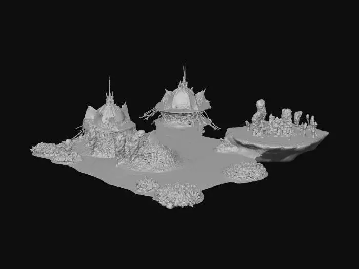 3D model for sci fantasy environment landscape, open terrain with natural and artificial features, floating islands, energy crystals, alien vegetation, playable game area