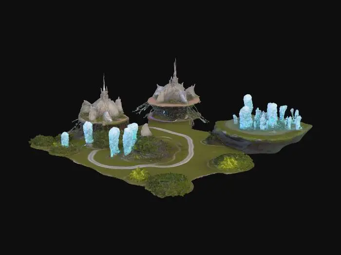 3D model for sci fantasy environment landscape, open terrain with natural and artificial features, floating islands, energy crystals, alien vegetation, playable game area