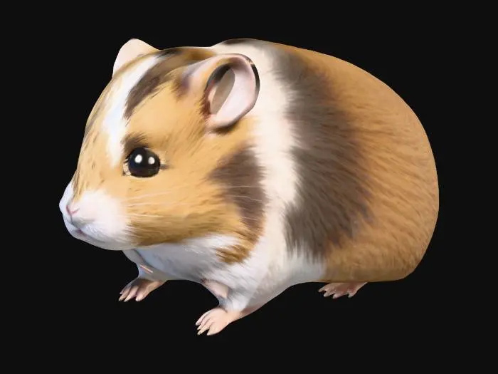 3D model for A game-ready, realistic Campbell dwarf hamster 3D model, posed firmly on all four short, stocky legs. Its compact body boasts soft, dense 'salt and pepper' brown fur with silvery-white tips, textured with PBR materials for optimized real-time rendering. A darker dorsal stripe and creamy white belly are evident. It features bright, dark beady eyes, small round ears, a tiny pink nose, and delicate paws.