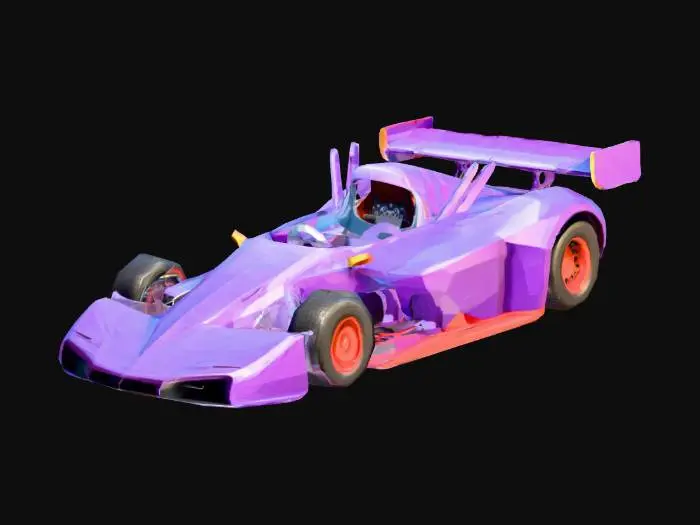 3D model for low-poly race car, arcade style,
exaggerated proportions, large spoiler,
visible exhaust pipes, separate wheels,
no interior needed, solid colors