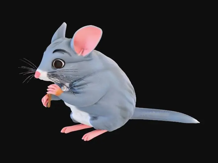 3D model for A photorealistic 3D model of an adorable chinchilla, featuring soft, dense blue-gray fur, large glossy black eyes, and delicate pink ears. It stands upright, holding a short, textured wooden stick in its tiny front paws.  medium-poly, The scene is bathed in soft, diffused studio lighting, highlighting the realistic fur texture and casting subtle shadows beneath the subject.