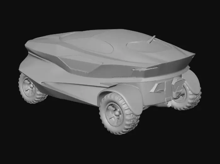 3D model for A sleek, slightly futuristic hybrid amphibious vehicle with a matte dark gray composite shell and contrasting brushed metal accents. Its angular, aerodynamic shape smoothly transitions from boat hull to robust land chassis. Large, segmented all-terrain tires suggest strong grip, complementing hidden hydro-jet propulsion. The surface texture is smooth yet feels incredibly durable and powerful.
