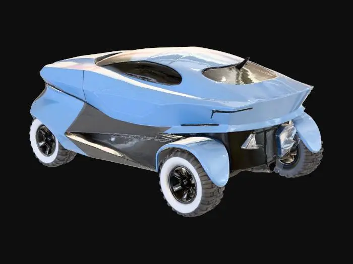 3D model for A sleek, slightly futuristic hybrid amphibious vehicle with a matte dark gray composite shell and contrasting brushed metal accents. Its angular, aerodynamic shape smoothly transitions from boat hull to robust land chassis. Large, segmented all-terrain tires suggest strong grip, complementing hidden hydro-jet propulsion. The surface texture is smooth yet feels incredibly durable and powerful.