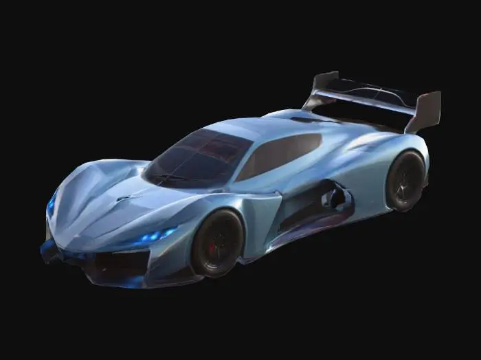 3D model for A high-speed arcade racing car body shell, sleek aerodynamic chassis, no wheels, empty wheel arches, hollow wheel wells. Style: futuristic hypercar mixed with aggressive Burnout 3 prototype. Features: sharp geometric lines, wide body kit, large rear spoiler, darkened glass canopy, low-profile silhouette. Professional 3D vehicle asset, exterior only, solid manifold geometry, clean surfaces for game engine.     Negative Prompt / Exclude: wheels, tires, rims, alloys, ground contact, axle, interior, engine parts.