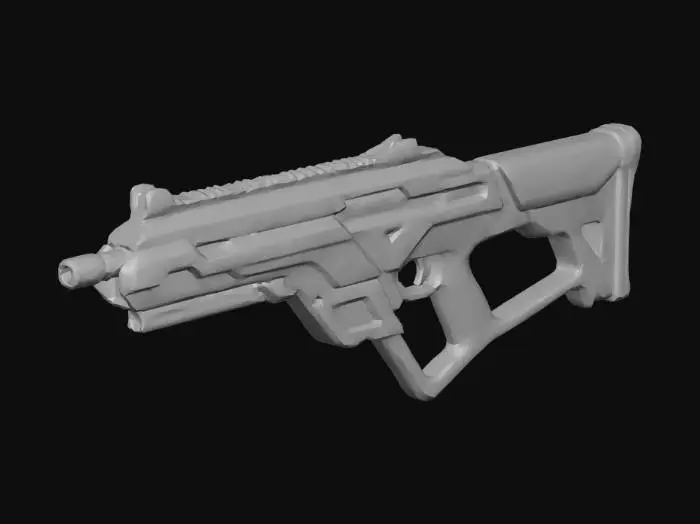3D model for A sleek, angular modern cyberpunk automatic rifle, featuring a matte black polymer body with brushed metallic accents. It has a compact, ergonomic design, integrated glowing blue energy cells, and a textured, synthetic grip. The barrel is a polished, dark chrome, with subtle etched circuitry patterns. Its robust, futuristic structure boasts sharp, precise edge