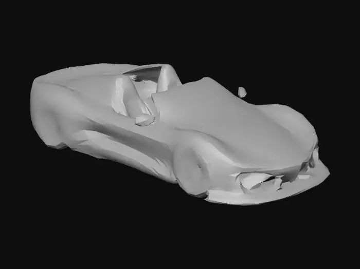 3D model for A game-ready open-top modern cyberpunk car, featuring a sleek, angular silhouette with sharp geometric forms. Its chassis is dark, brushed metallic, accented by vibrant, electric blue neon strips  . The low-slung body combines smooth, worn metal panels with grimy, textured carbon fiber elements. A minimalist cockpit and aggressive, illuminated wheels complete this high-tech, gritty vehicle.