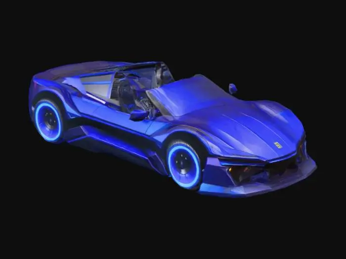 3D model for A game-ready open-top modern cyberpunk car, featuring a sleek, angular silhouette with sharp geometric forms. Its chassis is dark, brushed metallic, accented by vibrant, electric blue neon strips  . The low-slung body combines smooth, worn metal panels with grimy, textured carbon fiber elements. A minimalist cockpit and aggressive, illuminated wheels complete this high-tech, gritty vehicle.