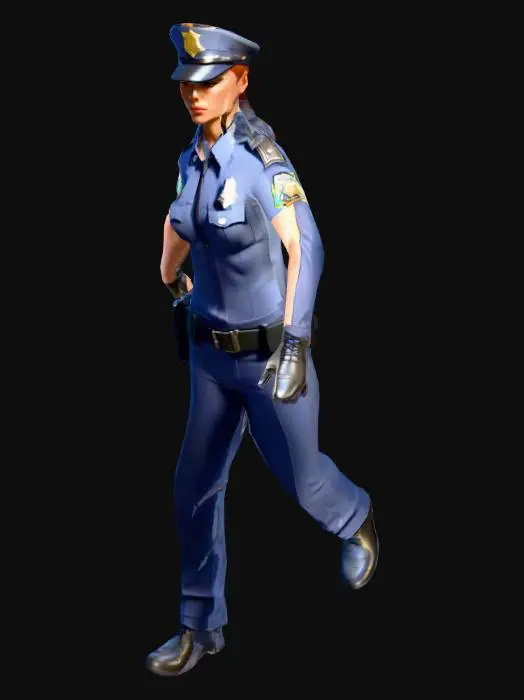 3D model for stylized medium-poly female officer, 
athletic physique with defined silhouette,
police cap placeholder, utility belt shape,
simplified badge on chest, 
flat shading, angular clothing folds,
solid colors only, video game asset,
separate torso and leg meshes,
under 10k triangles for animation