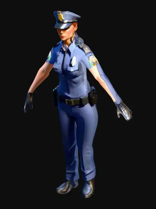 3D model for stylized medium-poly female officer, 
athletic physique with defined silhouette,
police cap placeholder, utility belt shape,
simplified badge on chest, 
flat shading, angular clothing folds,
solid colors only, video game asset,
separate torso and leg meshes,
under 10k triangles for animation