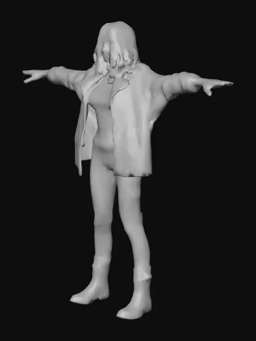 3D model for medium-poly gothic girl, punk aesthetic,
leather jacket with collar spikes placeholder,
asymmetrical mini skirt, fishnet stockings hinted,
choker necklace shape, combat boots,
flat shading, angular design, 
dark color palette (black, purple, red accents),
separate jacket and body meshes,
under 10k triangles, T-pose
