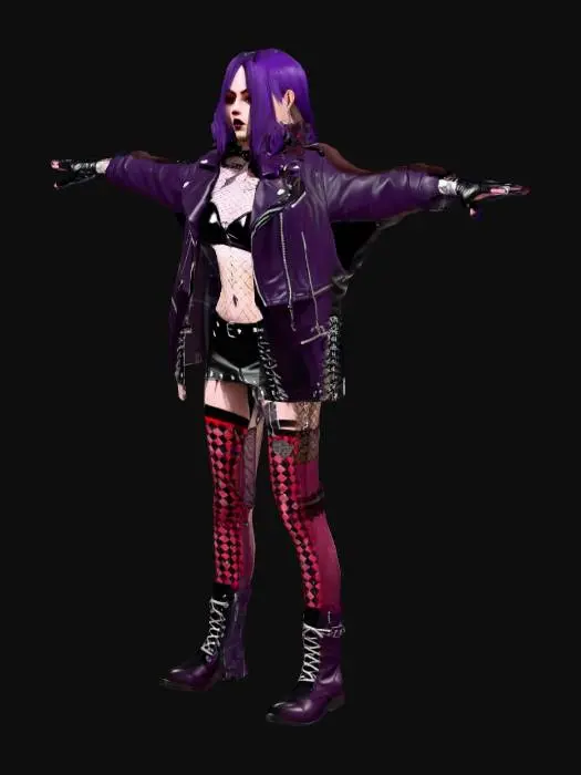 3D model for medium-poly gothic girl, punk aesthetic,
leather jacket with collar spikes placeholder,
asymmetrical mini skirt, fishnet stockings hinted,
choker necklace shape, combat boots,
flat shading, angular design, 
dark color palette (black, purple, red accents),
separate jacket and body meshes,
under 10k triangles, T-pose