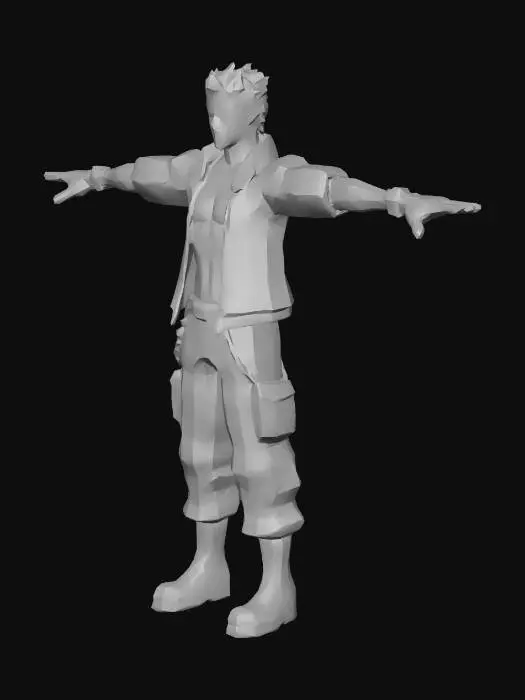 3D model for A lean, athletic male character, in a T-pose, rendered in a medium poly, modern cyberpunk anime style, reminiscent of Alita. He has spiky dark hair and a determined expression. His easy-to-test clothing includes a form-fitting, dark synthetic jacket with subtle glowing blue accents, tactical cargo pants, and reinforced high-top boots. Integrated cybernetic forearm panels with a metallic sheen enhance his futuristic appearance.