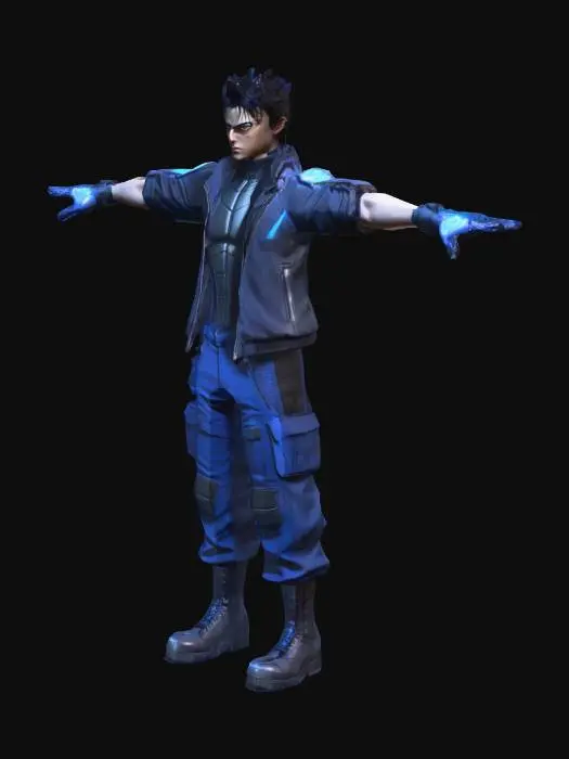 3D model for A lean, athletic male character, in a T-pose, rendered in a medium poly, modern cyberpunk anime style, reminiscent of Alita. He has spiky dark hair and a determined expression. His easy-to-test clothing includes a form-fitting, dark synthetic jacket with subtle glowing blue accents, tactical cargo pants, and reinforced high-top boots. Integrated cybernetic forearm panels with a metallic sheen enhance his futuristic appearance.
