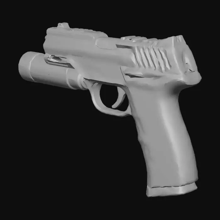 3D model for A sleek, angular modern cyberpunk pistol, featuring a matte black polymer body with brushed metallic accents. It has a compact, ergonomic design, integrated glowing blue energy cells, and a textured, synthetic grip. The barrel is a polished, dark chrome, with subtle etched circuitry patterns. Its robust, futuristic structure boasts sharp, precise edges. The model is optimized for games, with a medium polygon count and clean, efficient topology.