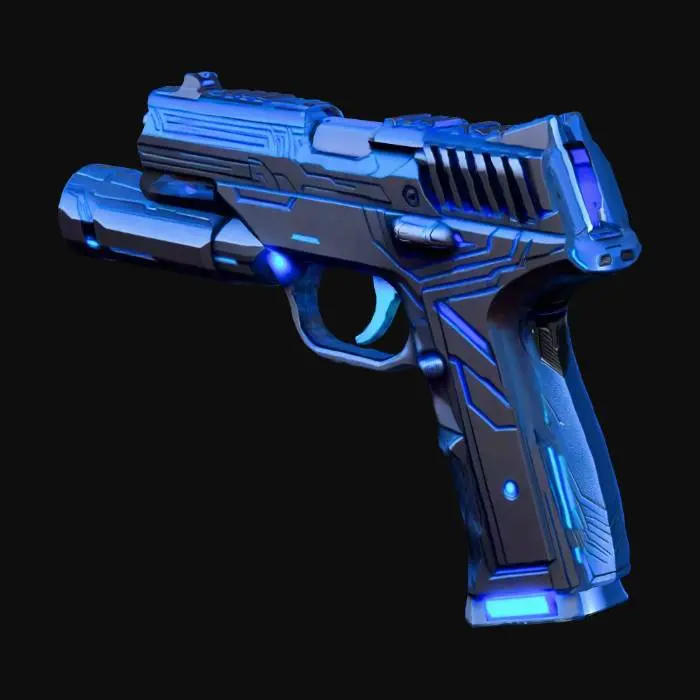 3D model for A sleek, angular modern cyberpunk pistol, featuring a matte black polymer body with brushed metallic accents. It has a compact, ergonomic design, integrated glowing blue energy cells, and a textured, synthetic grip. The barrel is a polished, dark chrome, with subtle etched circuitry patterns. Its robust, futuristic structure boasts sharp, precise edges. The model is optimized for games, with a medium polygon count and clean, efficient topology.