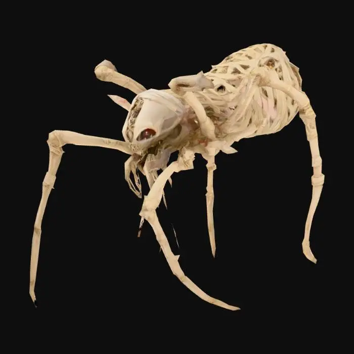 3D model for A fearsome, spider-like monster from the underworld, inspired by the art style of Hades. Its body is made of tangled bones and dusty, decaying bandages used to wrap mummies. Eight long, spidery legs, each wrapped in tattered bandages, end in sharp, needle-like points. Multiple small, shriveled eyes are scattered across its head. It has a gaping mouth from which endless threads of bandages and silk spill out. The overall texture is a mix of bone, coarse linen, and dried, brittle flesh, with a pale, sepia color palette. The style is dark, stylized, and high-contrast, with a focus on dramatic silhouettes and intricate details.