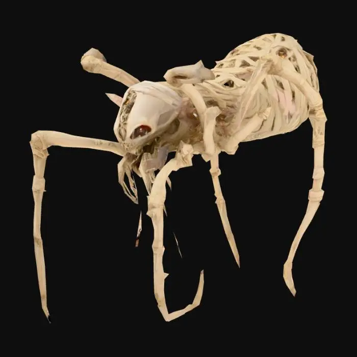 3D model for A fearsome, spider-like monster from the underworld, inspired by the art style of Hades. Its body is made of tangled bones and dusty, decaying bandages used to wrap mummies. Eight long, spidery legs, each wrapped in tattered bandages, end in sharp, needle-like points. Multiple small, shriveled eyes are scattered across its head. It has a gaping mouth from which endless threads of bandages and silk spill out. The overall texture is a mix of bone, coarse linen, and dried, brittle flesh, with a pale, sepia color palette. The style is dark, stylized, and high-contrast, with a focus on dramatic silhouettes and intricate details.