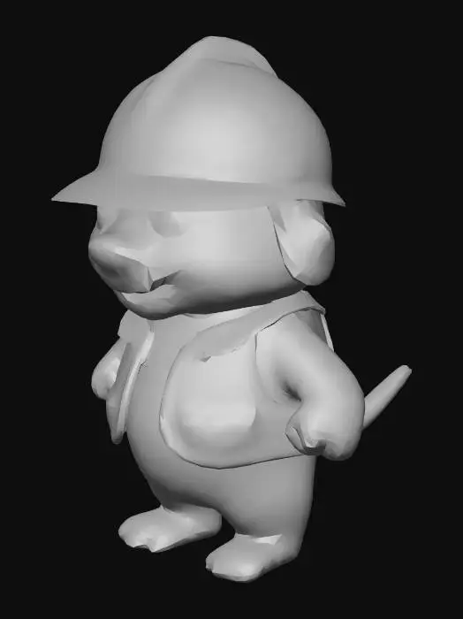 3D model for un perro labrador, chaparrito, estilo cartoon, vestido de trabajador de fabrica con casco y chaleco, gordito y cacheton