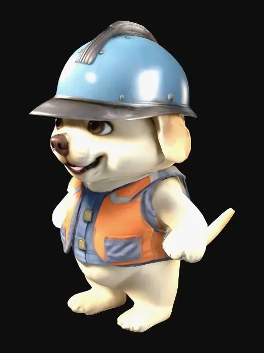 3D model for un perro labrador, chaparrito, estilo cartoon, vestido de trabajador de fabrica con casco y chaleco, gordito y cacheton