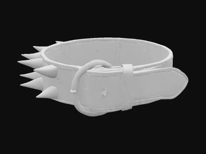 3D model for A black leather choker collar, with a buckle in the back, a ring in the front, five long spikes on the left side, and no spikes on the right side
