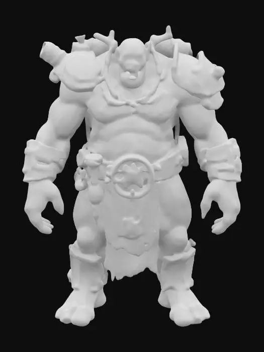 3D model for a realistic, high poly 3D model of a 10th-century dark fantasy ogre, towering and fearsome, with gas-punk biomechanical enhancements. Its rugged green-gray skin harbors a complex gas engine, with brass pipes and whirring gears seamlessly integrated into its sinewy form. Inspired by Vallejo, Frazetta, and Brom, this ogre is a terrifying embodiment of power. Lots of texturing