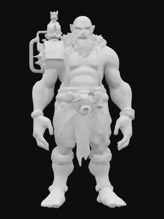 3D model for Imagine a 3D model of a 10th-century dark fantasy troll, towering and fearsome, with gas-punk biomechanical enhancements. Its rugged green-gray skin harbors a complex gas engine, with brass pipes and whirring gears seamlessly integrated into its sinewy form. Inspired by Vallejo, Frazetta, and Brom, this troll is a terrifying embodiment of power.