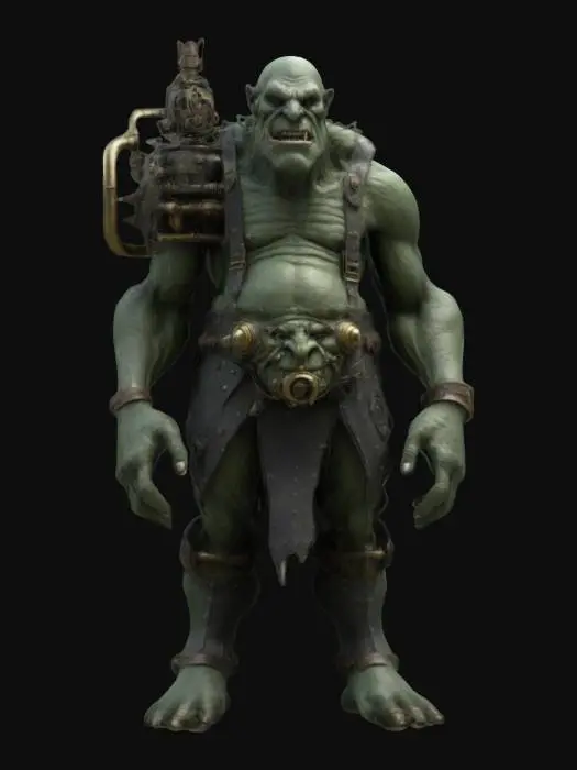 3D model for Imagine a 3D model of a 10th-century dark fantasy troll, towering and fearsome, with gas-punk biomechanical enhancements. Its rugged green-gray skin harbors a complex gas engine, with brass pipes and whirring gears seamlessly integrated into its sinewy form. Inspired by Vallejo, Frazetta, and Brom, this troll is a terrifying embodiment of power.