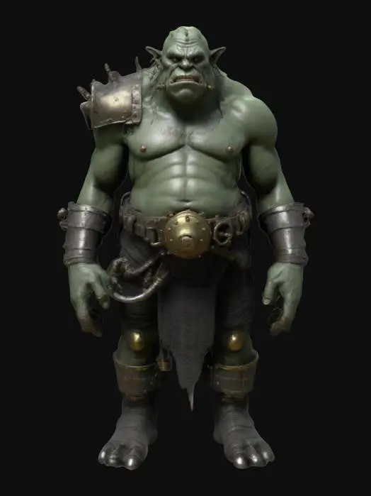 3D model for a realistic, high poly 3D model of a 10th-century dark fantasy ogre, towering and fearsome, with gas-punk biomechanical enhancements. Its rugged green-gray skin harbors a complex gas engine, with brass pipes and whirring gears seamlessly integrated into its sinewy form. Inspired by Vallejo, Frazetta, and Brom, this ogre is a terrifying embodiment of power. Lots of texturing