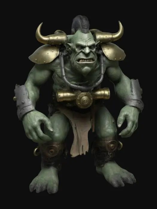 3D model for Imagine a 3D model of a 10th-century dark fantasy troll, towering and fearsome, with gas-punk biomechanical enhancements. Its rugged green-gray skin harbors a complex gas engine, with brass pipes and whirring gears seamlessly integrated into its sinewy form. Inspired by Vallejo, Frazetta, and Brom, this troll is a terrifying embodiment of power.