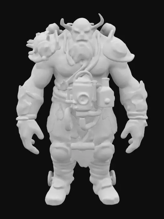 3D model for Imagine a 3D model of a 10th-century dark fantasy orc, towering and fearsome, with gas-punk biomechanical enhancements. Its rugged green-gray skin harbors a complex gas engine, with brass pipes and whirring gears seamlessly integrated into its sinewy form. Inspired by Vallejo, Frazetta, and Brom, this orc is a terrifying embodiment of power.