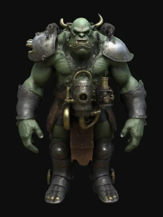 3D model for Imagine a 3D model of a 10th-century dark fantasy orc, towering and fearsome, with gas-punk biomechanical enhancements. Its rugged green-gray skin harbors a complex gas engine, with brass pipes and whirring gears seamlessly integrated into its sinewy form. Inspired by Vallejo, Frazetta, and Brom, this orc is a terrifying embodiment of power.
