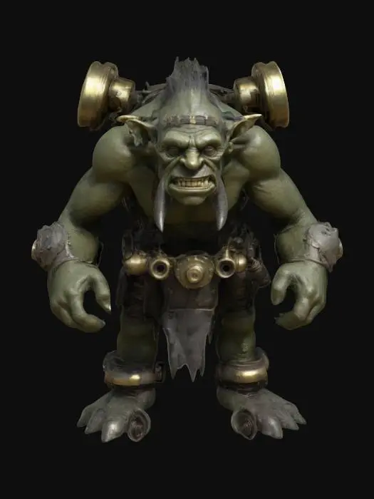 3D model for Imagine a 3D model of a 10th-century dark fantasy troll, tall and lanky, with gas-punk biomechanical enhancements. Its rugged olive green-gray skin harbors a complex gas engine, with brass exhaust pipes, pistons and whirring gears seamlessly integrated into its sinewy form. Inspired by Vallejo, Frazetta, and Brom, this troll is a terrifying embodiment of power.