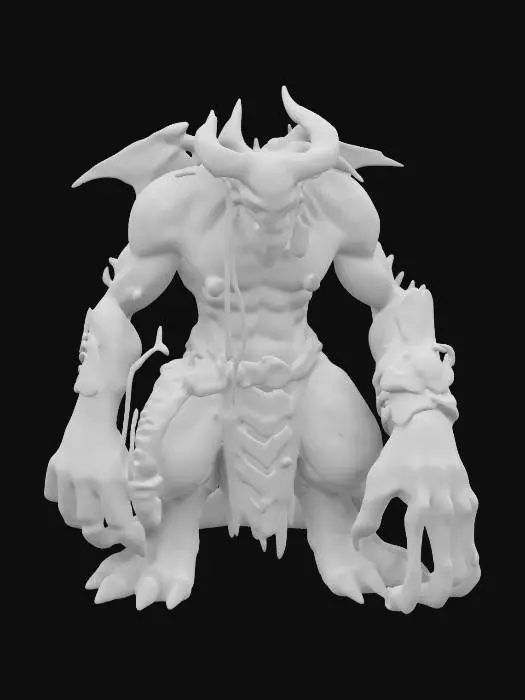 3D model for Imagine a 3D model of a 10th-century dark fantasy demon, towering, grotesque and fearsome, with gas-punk biomechanical enhancements. Its rugged red-gray skin cracked and veiny, lava coursing through its veins, harbors a complex gas engine, with brass exhaust pipes, pistons and whirring gears seamlessly integrated into its sinewy form, with a gas-punk mechanical arm. Inspired by Vallejo, Frazetta, and Brom, this demon is a terrifying embodiment of power.