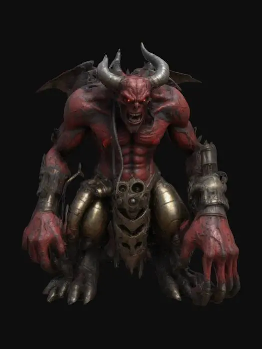 3D model for Imagine a 3D model of a 10th-century dark fantasy demon, towering, grotesque and fearsome, with gas-punk biomechanical enhancements. Its rugged red-gray skin cracked and veiny, lava coursing through its veins, harbors a complex gas engine, with brass exhaust pipes, pistons and whirring gears seamlessly integrated into its sinewy form, with a gas-punk mechanical arm. Inspired by Vallejo, Frazetta, and Brom, this demon is a terrifying embodiment of power.
