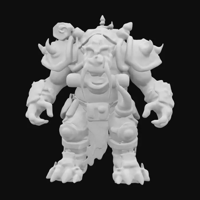 3D model for Imagine a 3D model of a 10th-century dark fantasy orc, towering and fearsome, with gas-punk biomechanical enhancements. Its rugged green-gray skin harbors a complex gas engine, with brass pipes and whirring gears seamlessly integrated into its sinewy form. Inspired by Vallejo, Frazetta, and Brom, this orc is a terrifying embodiment of power.