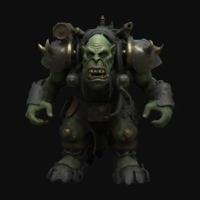 3D model for Imagine a 3D model of a 10th-century dark fantasy orc, towering and fearsome, with gas-punk biomechanical enhancements. Its rugged green-gray skin harbors a complex gas engine, with brass pipes and whirring gears seamlessly integrated into its sinewy form. Inspired by Vallejo, Frazetta, and Brom, this orc is a terrifying embodiment of power.