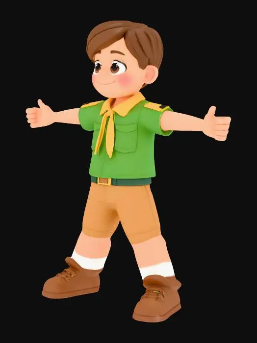 3D model for Cartoon boy scout style camper for use in a physics based games. The camer will wear a tshirt, neckerchief, shorts and boots.
